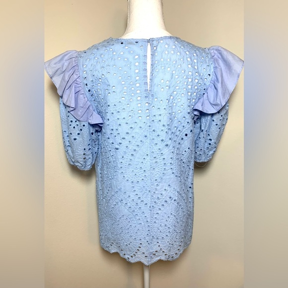 English Factory Women Eyelet Short Puff Sleeve Ruffle Top Baby Blue Size Small. - Picture 2 of 5